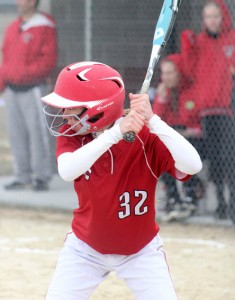 Cara Volz bats for the Weyauwega-Fremont softball team March 22. The senior is splitting time this spring between the softball and track teams. Greg Seubert Photo