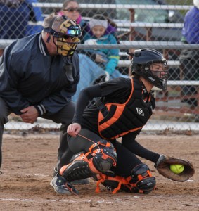 Baleigh Fuhs stops the ball behind the the plate for the T-Birds. Holly Neumann photo.