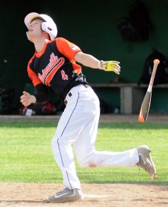Clintonville batter Hunter Vollmer watches the flight of the ball shortly before it's caught by Freedom during the second inning on Thursday, May 19. Scott Bellile photo