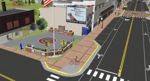 A rendering illustrates Main Street with bicycle lanes and a new park space where Hortonville's old library stood. Image courtesy of North Central Technical College