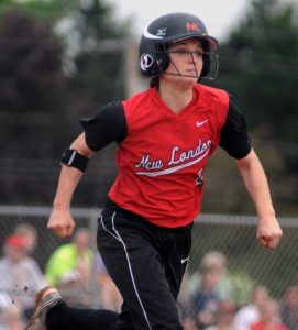 New London sophomore Maddie Ruckdashel takes off for first base during the regional softball final against Freedom on Friday, May 27.  Scott Bellile photo