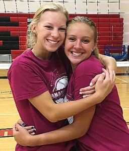Ultimate Volleyball Player Award winner Claire Kreklow and Spirit Award winner Kelsey Jaeger take a break during a recent volleyball camp for grades 10-12 at Little Wolf High School in Manawa. Photo Submitted by Corrie Ziemer