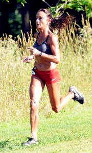 Jennifer Chaudoir of Green Bay finishes her race to win the women's 25K in 2 hours, 3 minutes at the Mosquito Hill Endurance Runs on Sunday, Aug. 7. Scott Bellile photo