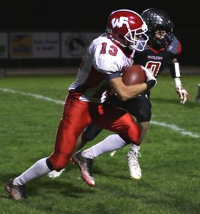 Trevor Flease makes his way to the endzone for a touchdown for the Weyauwega-Fremont Indians. Holly Neumann photo.