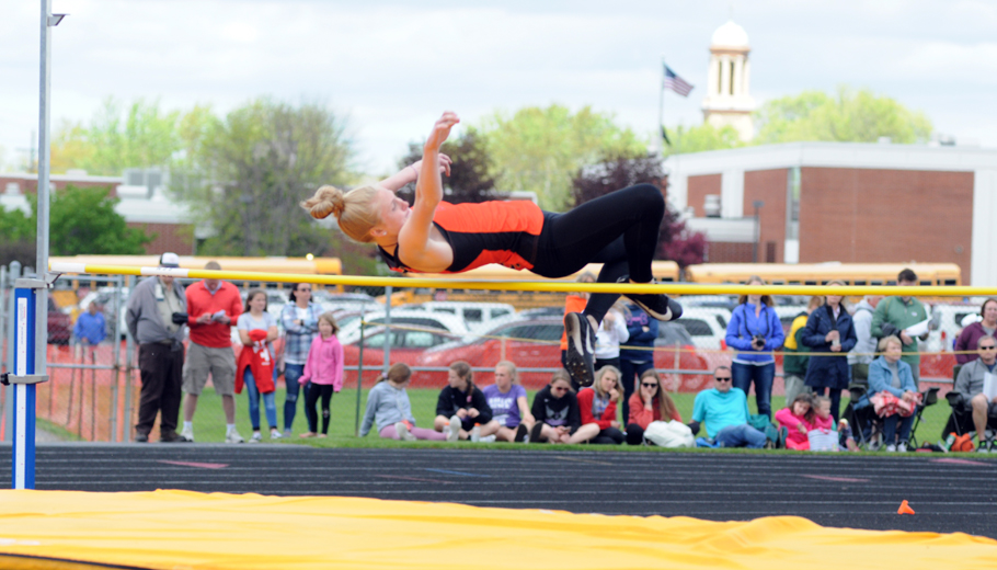 Clintonville's Elly Arndt clears the bar in the high jump. Erik Buchinger photo