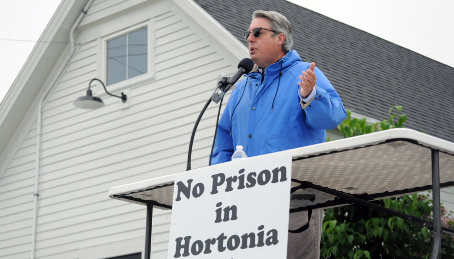 Tim Manion speaking outside Hortonia Town Hall