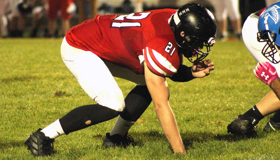 Deion Stroud lines up as a defensive end for Manawa.
Greg Seubert Photo